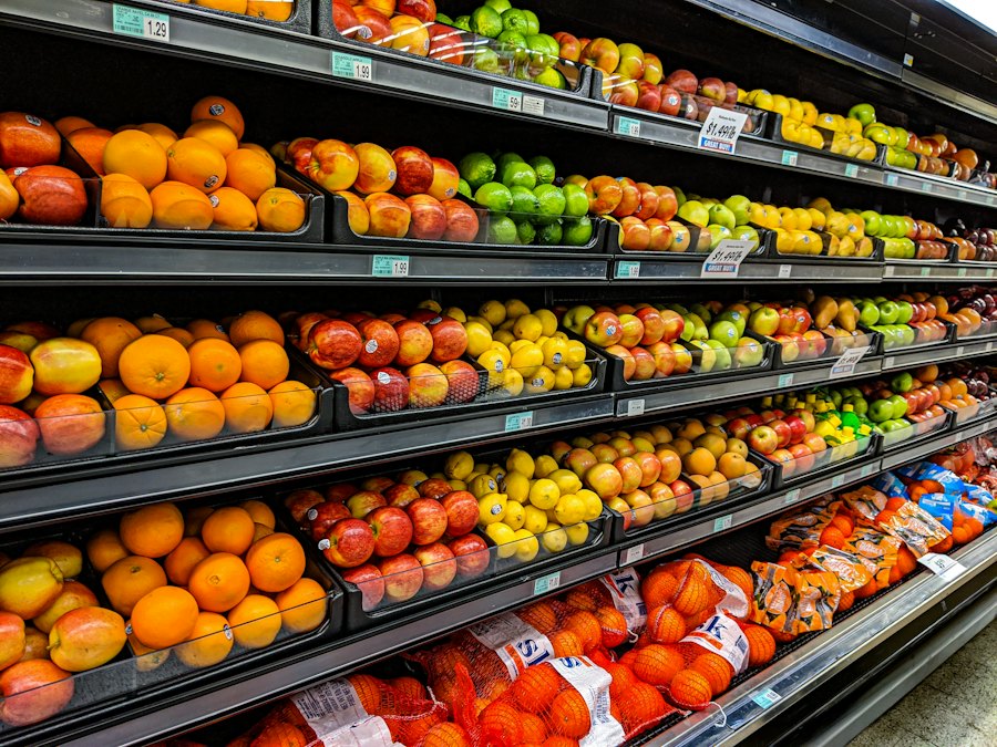 Fruit and vegetable shelves in a supermarket
