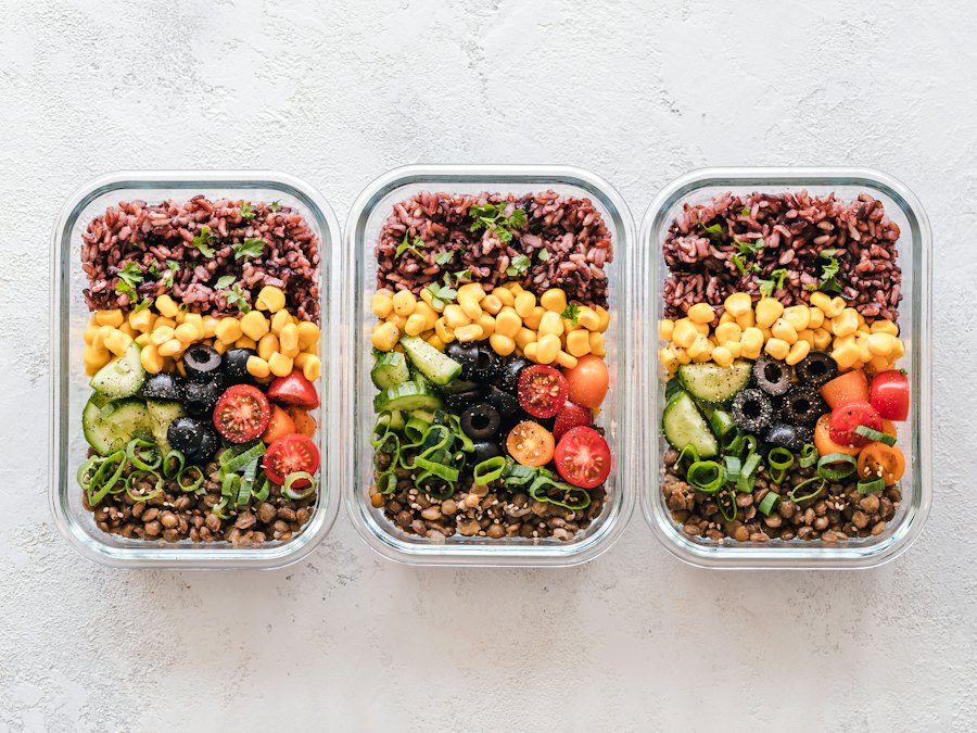 Meal prep containers lined up on a counter