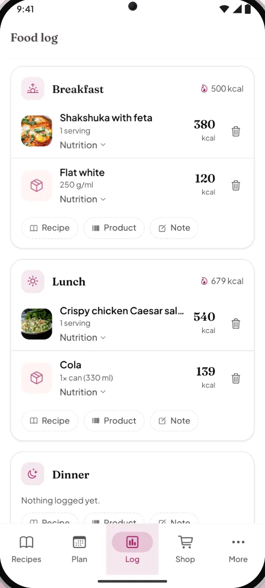 Food log with recipes and products and calories per meal in the CookBird app