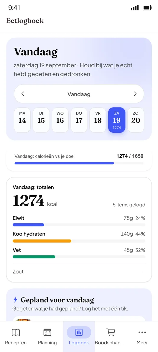 Voedingsdagboek met recepten, producten en calorieën per maaltijd in de CookBird-app