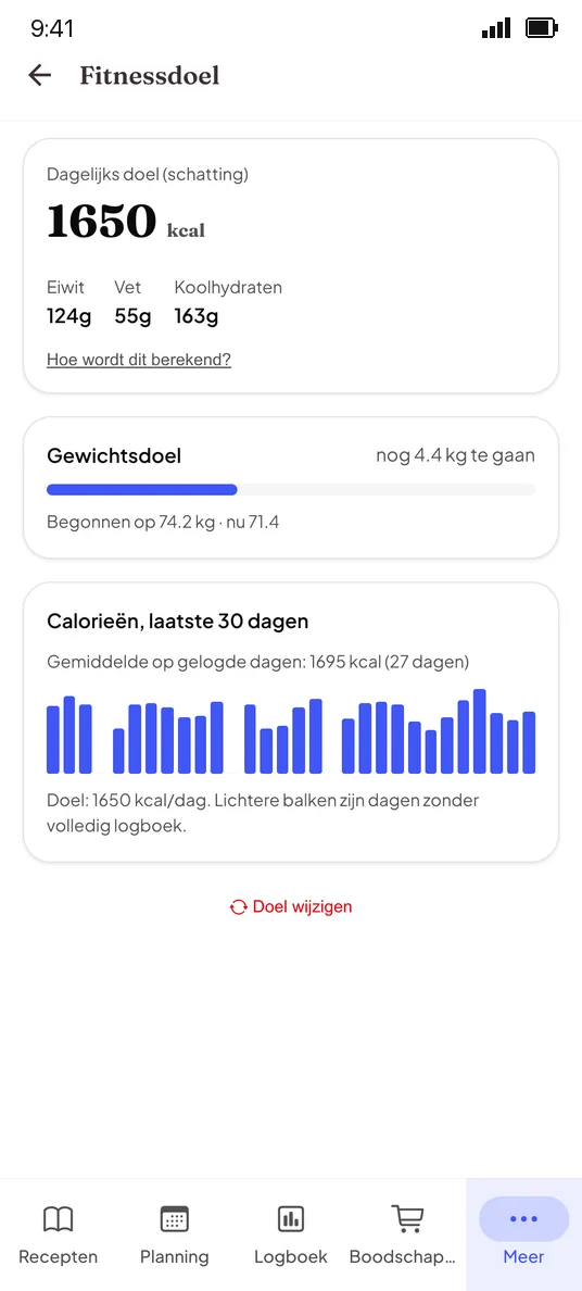 Fitnessdoel met een dagelijks caloriedoel en voortgang in de CookBird-app