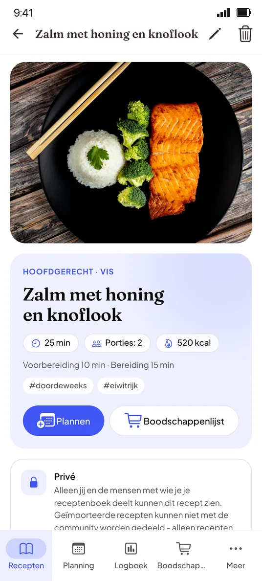 Een recept in het online kookboek van CookBird met calorieën per portie