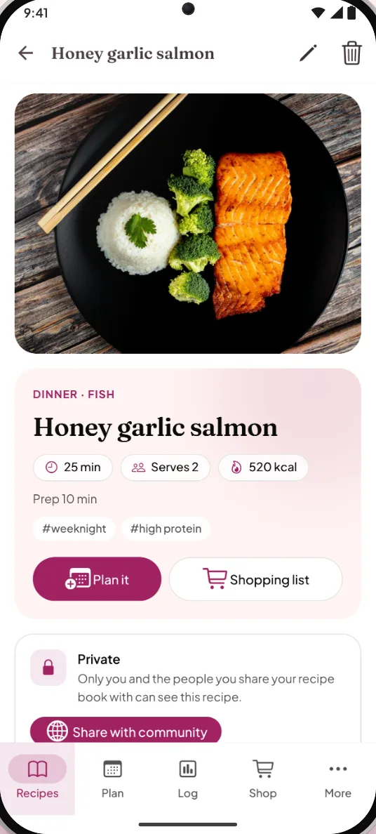 A recipe in the CookBird online cookbook with calories per serving
