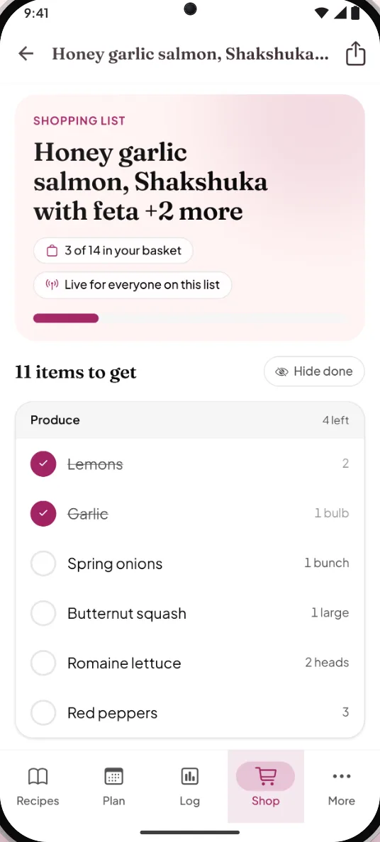 Shopping list sorted by aisle in the CookBird app
